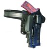A side view of the Super Ghost Ultimate competition holster, highlighting its adjustable frame, race-style mounting, and secure locking mechanism.