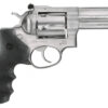 Full-sized stainless steel Ruger GP100 double-action revolver.