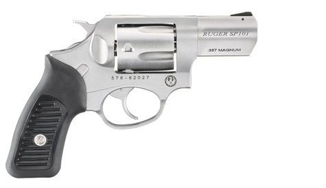 Ruger SP101 Double-Action .357 Magnum Stainless Steel Revolver Stainless steel Ruger SP101 double-action revolver with rubber grips.