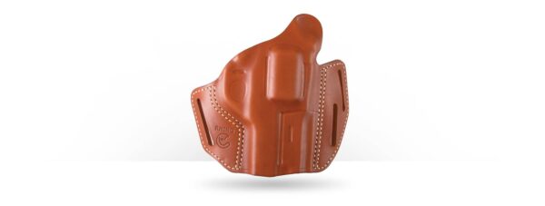 A handcrafted brown leather holster for a revolver on a white background.